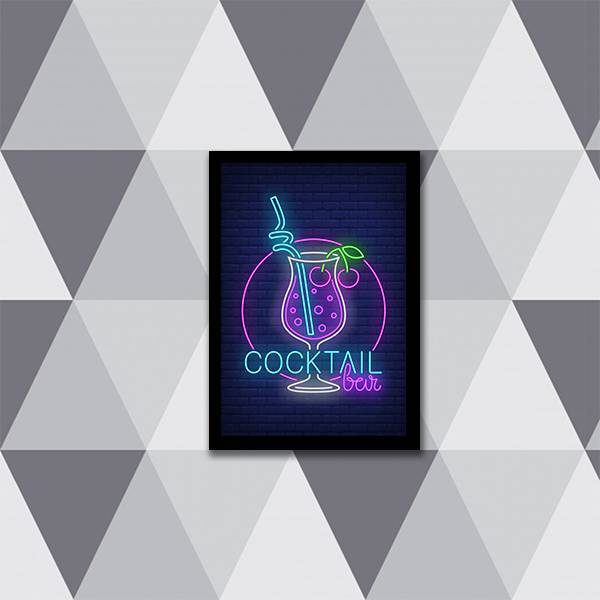 Quadro Copo Cocktail Bar Simulando Neon 24x18cm Moldura:madei