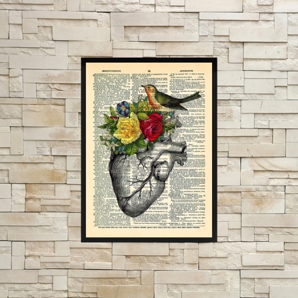 Quadro Coração Com Flores E Pássaro 24x18cm - Com Vidro Moldu