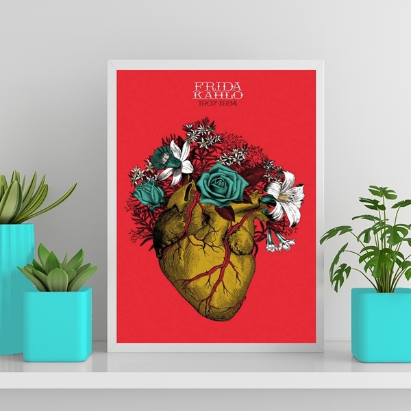 Quadro Coração Frida Khalo 33x24cm Moldura:madeira Preta