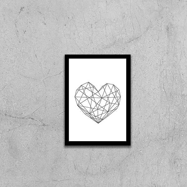 Quadro Coração Geométrico Fundo Branco 24x18cm Moldura:madeir