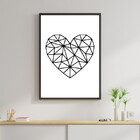 Quadro Coração Geométrico - Preto E Branco 24x18cm - Com Vidr