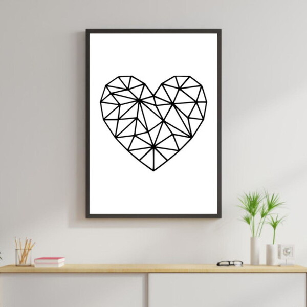 Quadro Coração Geométrico - Preto E Branco 24x18cm Moldura:ma