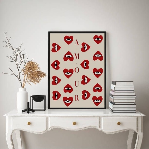 Quadro Corações Com Olhos - Amour 45x34cm - Com Vidro Moldura