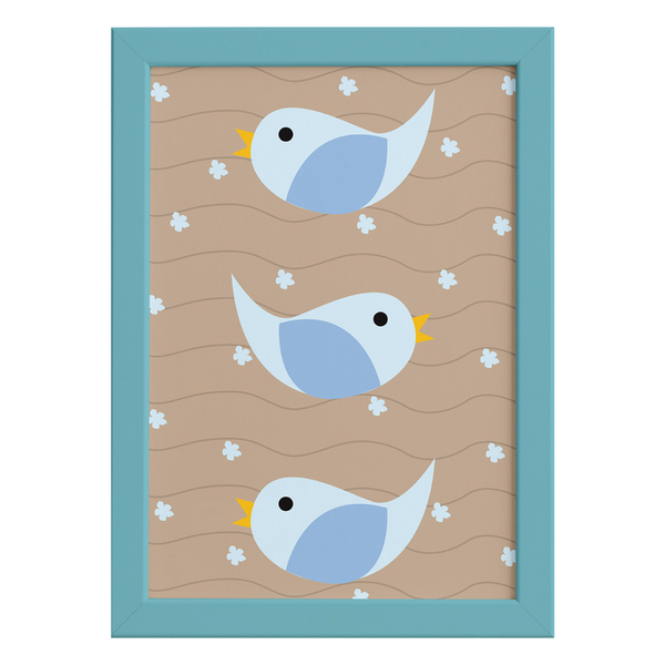 Quadro Coruja Baby Azul Passarinhos Moldura Azul 22x32cm