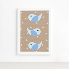 Quadro Coruja Baby Azul Passarinhos Moldura Branca 33x43