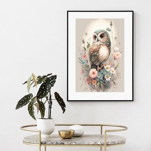 Quadro Coruja Com Flores - 60x48cm Moldura Branca
