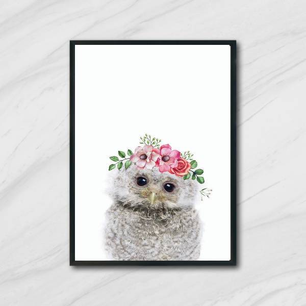 Quadro Corujinha Coroa De Flores 33x24cm - Com Vidro Moldura: