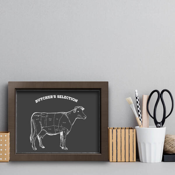 Quadro Cozinha Churrasco Cortes de Boi 33x43cm Moldura Marrom