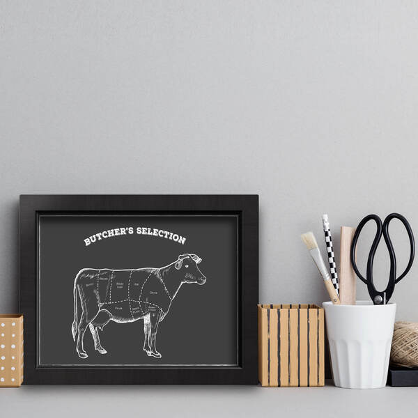 Quadro Cozinha Churrasco Cortes de Boi 33x43cm Moldura Preta