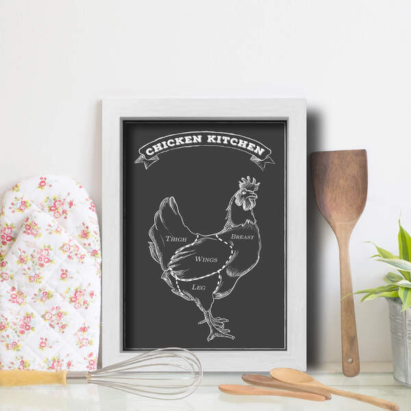 Quadro Cozinha Churrasco Cortes Frango 22x32cm Moldura Branca