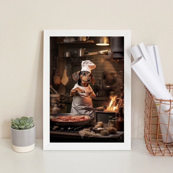 Quadro Cozinha Dachshund Cozinheiro 45x34cm - Com Vidro Moldu