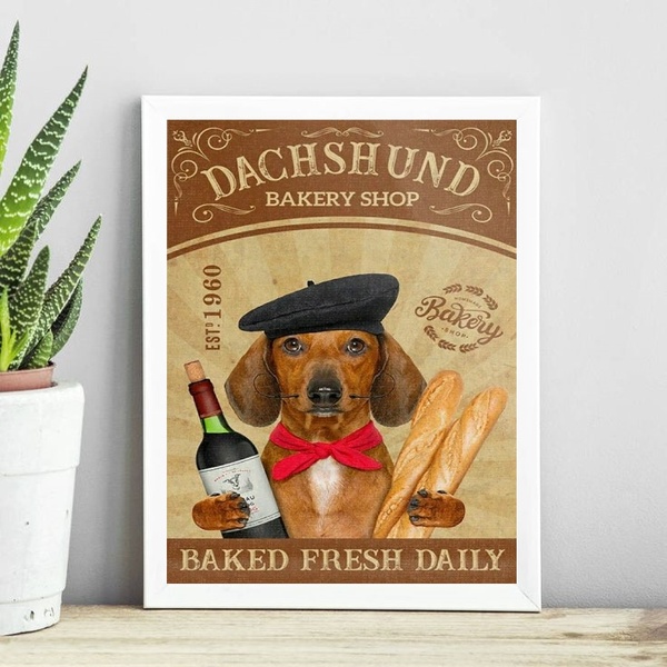 Quadro Cozinha Dachshund - Pão E Vinho 33x24cm Moldura:madeir