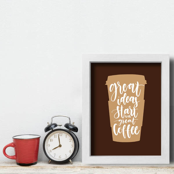 Quadro Cozinha Frase Café Great Coffee 22x32cm Moldura Branca