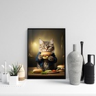 Quadro Cozinha Gato Comendo Hamburguer 33x24cm - Com Vidro Mo