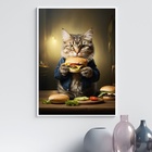 Quadro Cozinha Gato Comendo Hamburguer 45x34cm Moldura Preta