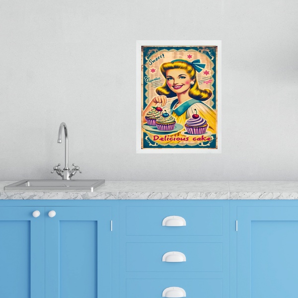 Quadro Cozinha Retro Cupcakes - Pin Up 24x18cm - Com Vidro Mo