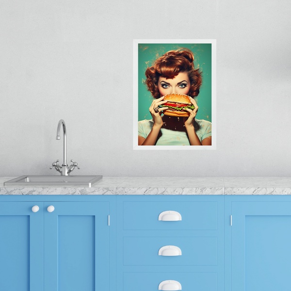 Quadro Cozinha Retro Pin Up Hamburger 45x34cm - Com Vidro Mol