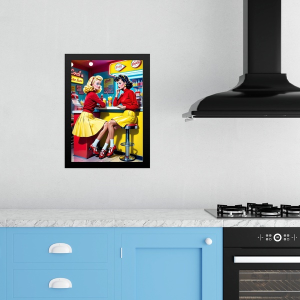Quadro Cozinha Retrô Pin Ups Lanchonete 45x34cm Moldura Branca