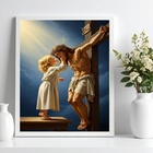 Quadro Criança Beijando Jesus Na Cruz 45x34cm - Com Vidro Mol