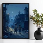 Quadro Crianças Na Favela A Noite 24x18cm - Com Vidro Moldura