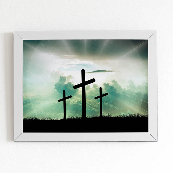 Quadro Cruz Cristianismo Religião Moldura Branca 60x40cm