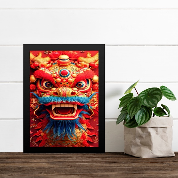 Quadro Cultura Oriental - Leão Chinês 45x34cm - Com Vidro Mol