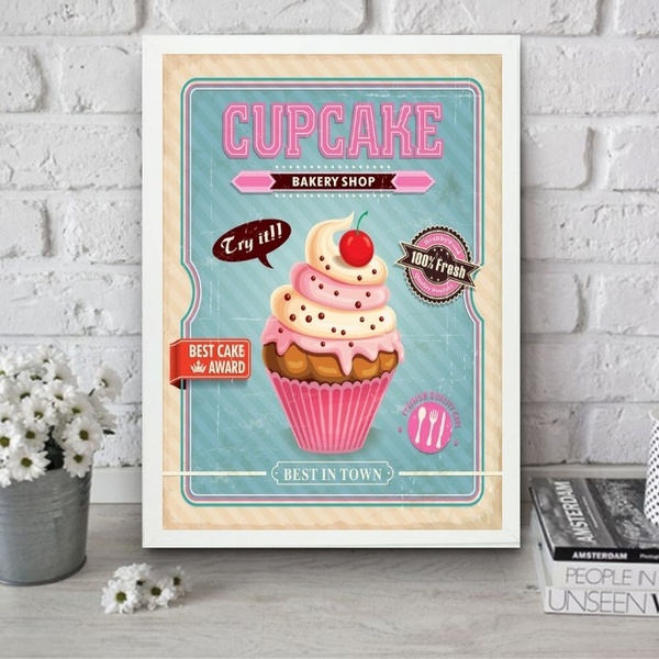 Quadro Cupcake - Rosa E Azul 24x18cm Moldura Branca