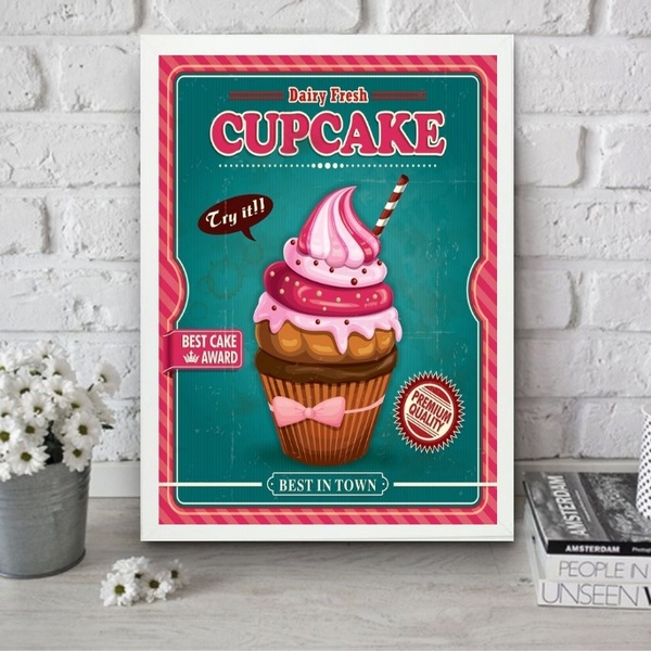 Quadro Cupcake - Rosa E Turquesa 45x34cm Moldura Preta