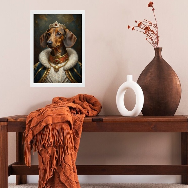 Quadro Dachshund Com Roupa De Rei 24x18cm - Com Vidro Moldura