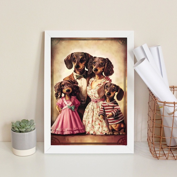 Quadro Dachshund Family 45x34cm - Com Vidro Moldura Preta