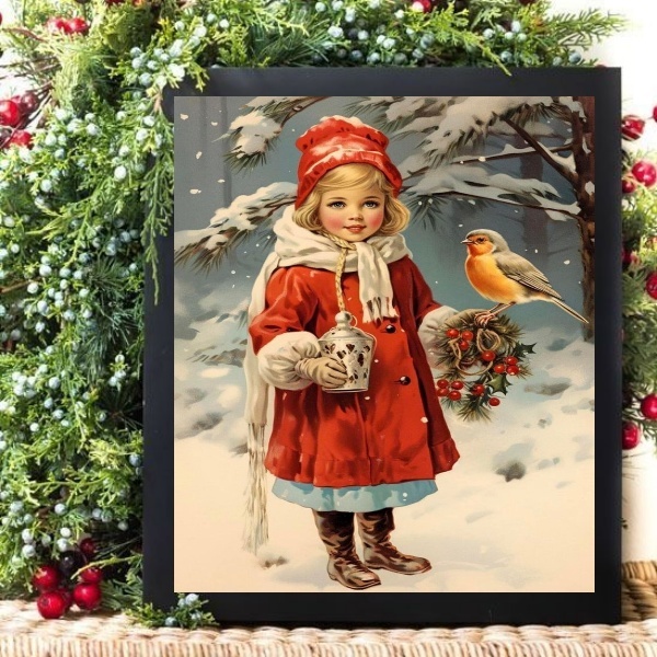 Quadro De Natal Menina Com Passarinho 24x18cm Moldura Preta
