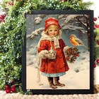 Quadro De Natal Menina Com Passarinho 45x34cm Moldura Branca