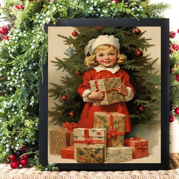 Quadro De Natal Menininha Com Presentes 33x24cm Moldura Branca