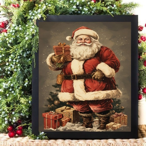 Quadro De Natal Papai Noel Vintage 45x34cm - Com Vidro Moldur