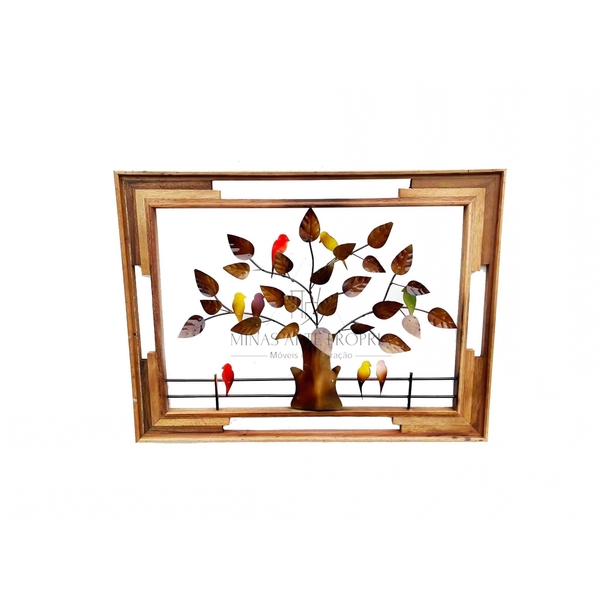 Quadro De Parede Moldura Madeira Árvore Pássaros Artesanal