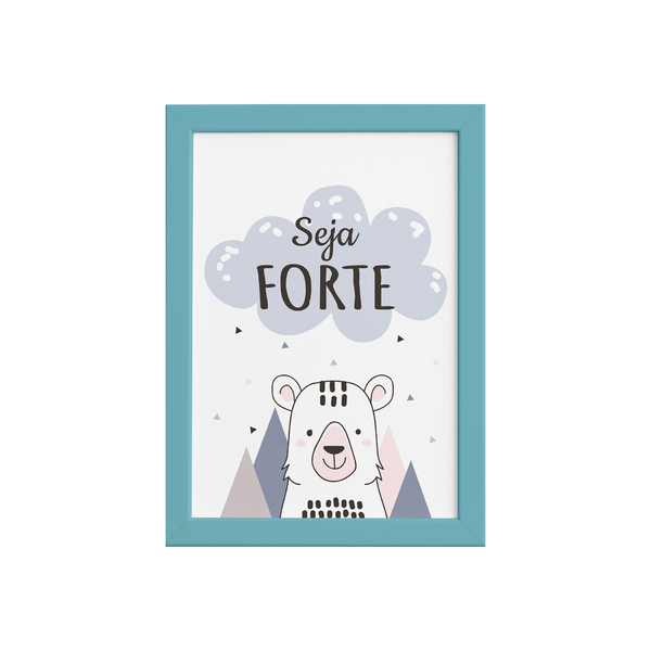 Quadro Decoração Escandinava Ursinho Moldura Azul 22x32cm