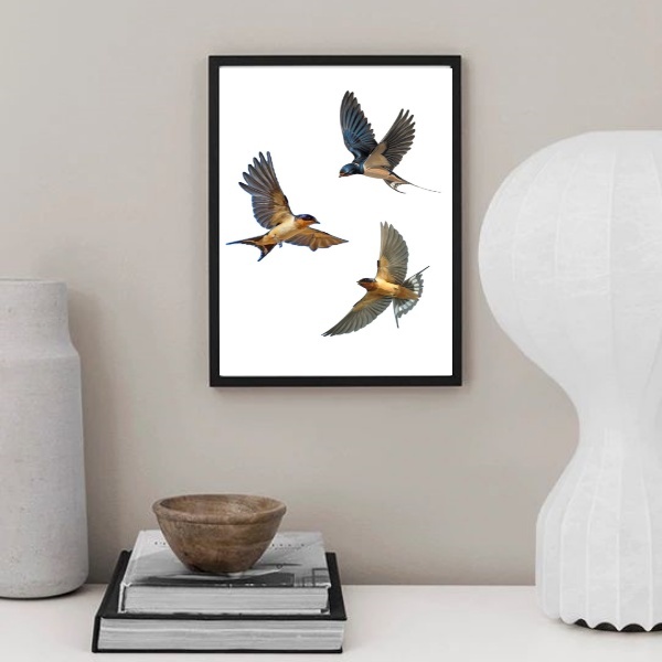Quadro Decorativo 3 Andorinhas Voando 33x24cm - Com Vidro Mol
