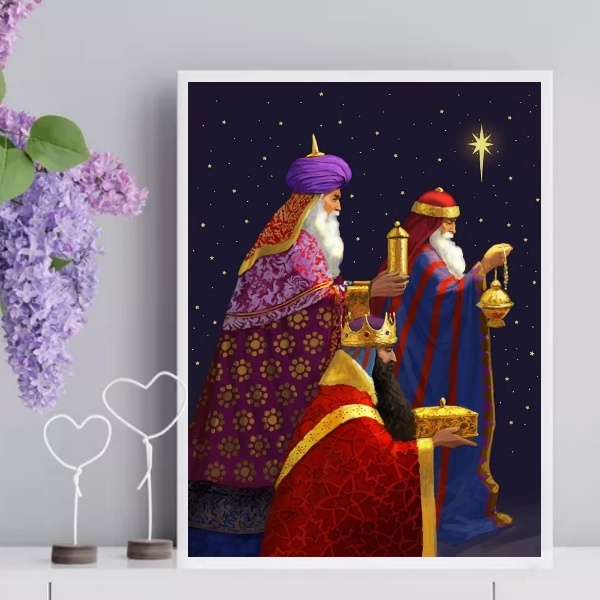 Quadro Decorativo 3 Reis Magos 45x34cm - Com Vidro Moldura Pr