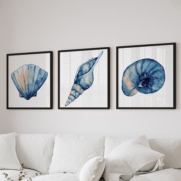 Quadro Decorativo 3 Telas Conchas Diversos Tamanhos Preto