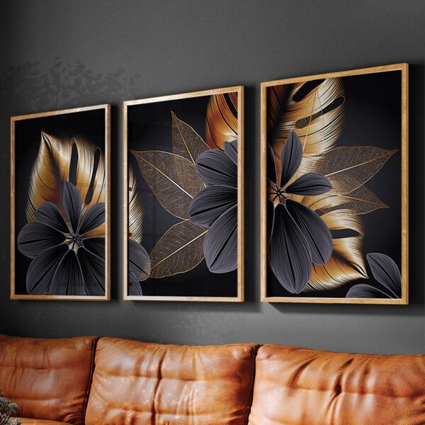 Quadro Decorativo 3 Telas Folhas Douradas Diversos Tamanhos B