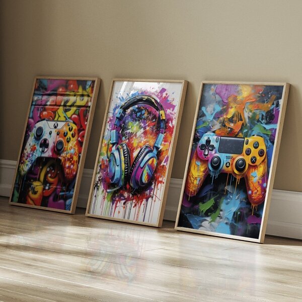 Quadro Decorativo 3 Telas Infantil Controle Vídeo-game Divers