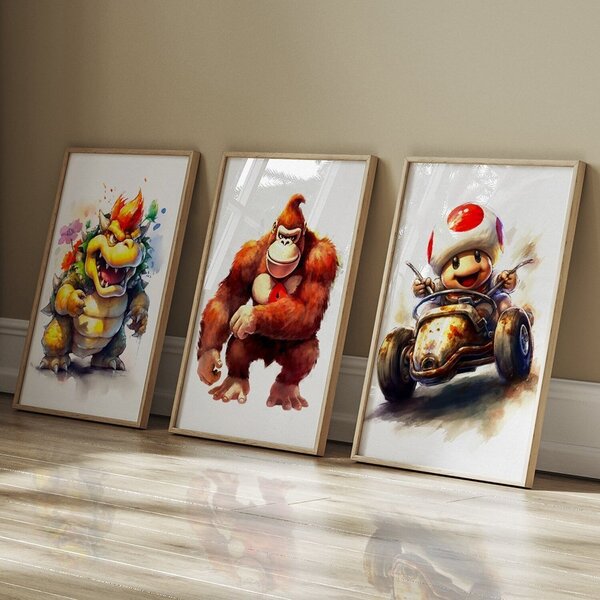 Quadro Decorativo 3 Telas Jogos Mario Bowser Toad Kart Donkey