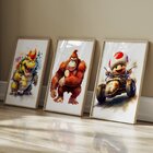 Quadro Decorativo 3 Telas Jogos Mario Bowser Toad Kart Donkey