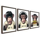 Quadro Decorativo 3 Telas Macacos Diversos Tamanhos Preto
