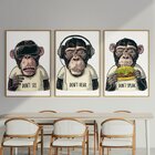 Quadro Decorativo 3 Telas Macacos Diversos Tamanhos Preto