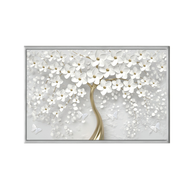 Quadro Decorativo 40x60cm Canvas Arvore Floral Branco E Doura