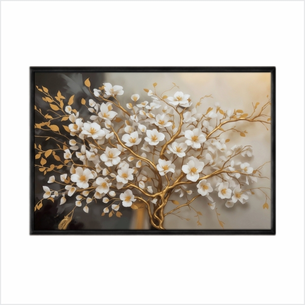 Quadro Decorativo 40x60cm Vidro Arvore Dourado Branco Luxo Ou