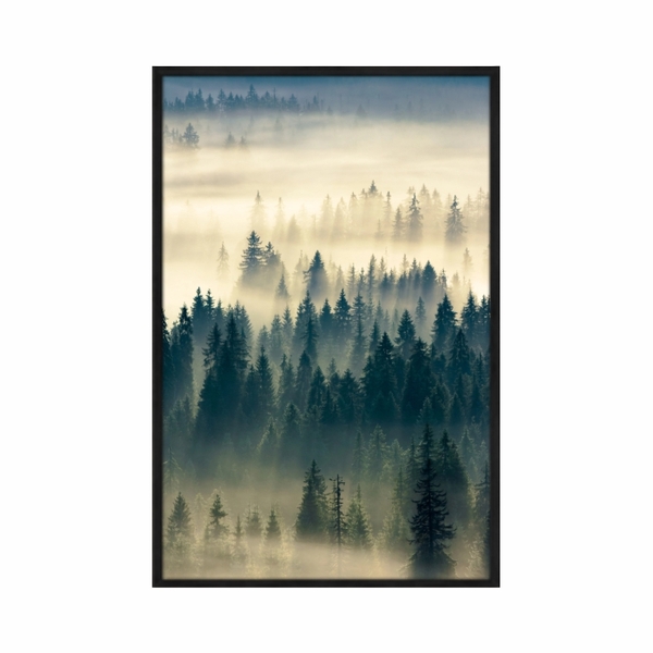 Quadro Decorativo 40x60cm Vidro Floresta Nevoa Nascer Do Sol