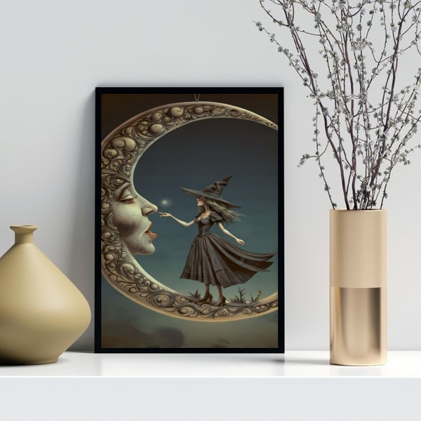 Quadro Decorativo A Bruxa E A Lua 33x24cm Moldura Branca