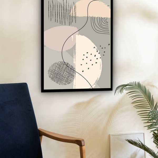 Quadro Decorativo Abstrato Bege Riscos Preto  - 70x50cm Moldu